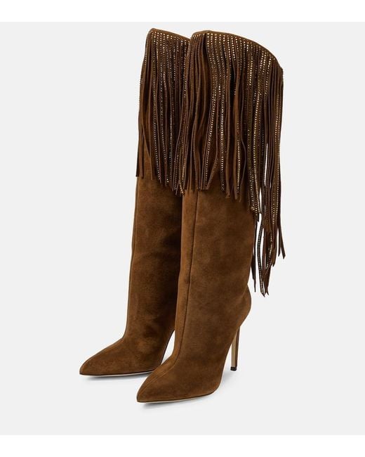 Paris Texas Brown Fringed Embellished Suede Knee-High Boots