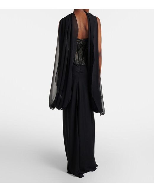 Monique Lhuillier Black Scarf-Detail Draped Lace Gown