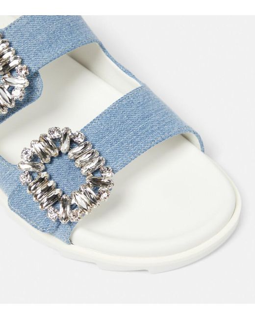 Roger Vivier Blue Slidy Viv' Embellished Denim Sandals