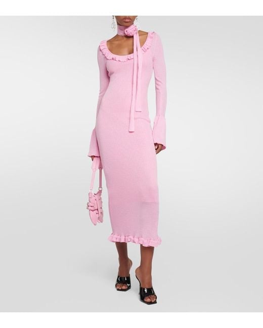 Blumarine Pink Ruffled Wool Midi Dress