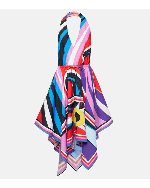Emilio Pucci White Cigni Halterneck Cotton Midi Dress