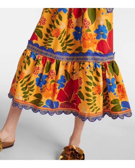 Farm Rio Orange Floral Yard Linen-blend Midi Dress