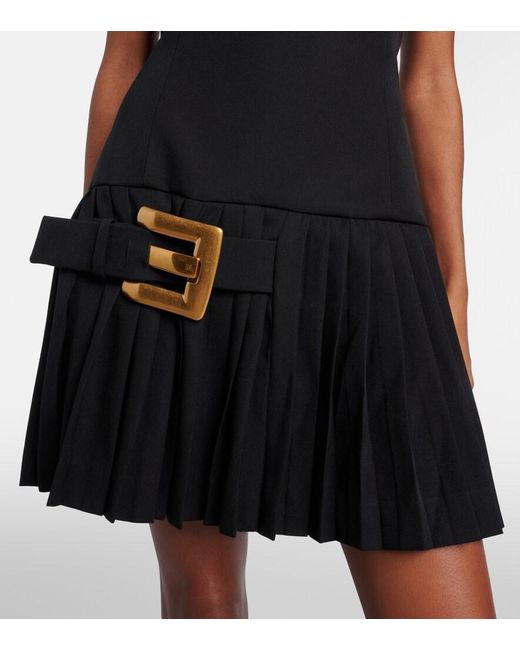 Balmain Black Pleated Virgin Wool Minidress