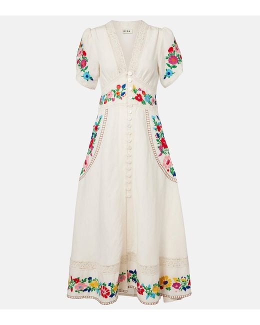 Rixo Natural Novara Embroidered Linen-Blend Maxi Dress