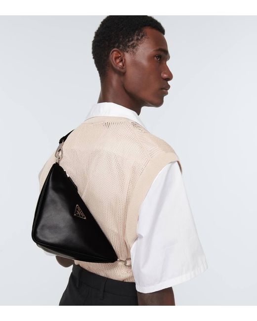 Prada Black Triangle Leather Shoulder Bag for men