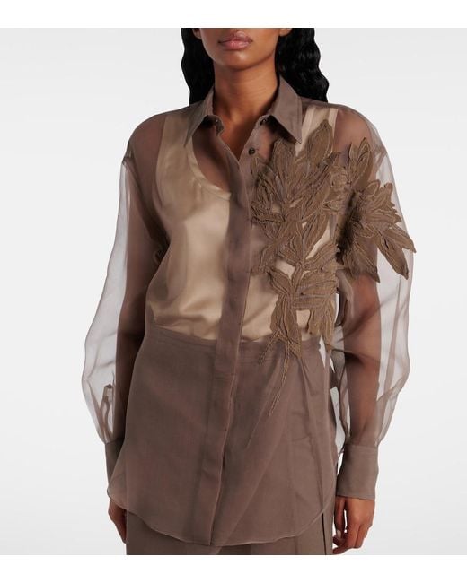 Brunello Cucinelli Brown Herbarium-Applique Silk Shirt