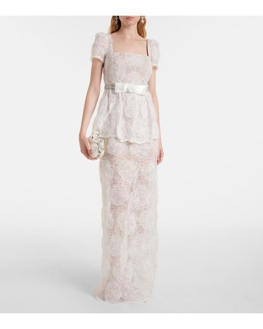 Self-Portrait White Bow-Detail Tulle Lace Maxi Dress