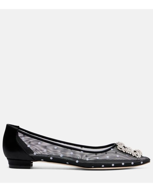 Manolo Blahnik Black Hangisi Embellished Mesh Ballet Flats