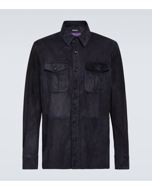 Ralph Lauren Purple Label Blue Barron Suede Overshirt for men