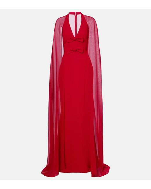 Elie Saab Red Bow-Detail Caped Silk-Blend Gown