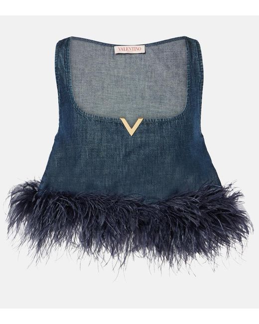 Valentino Blue Vgold Feather-Trimmed Denim Bra Top