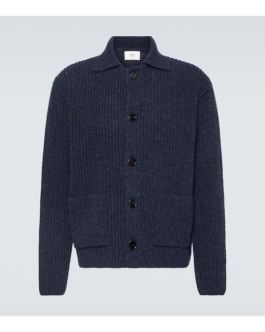 AMI Blue Ribbed-knit Virgin Wool Cardigan for men