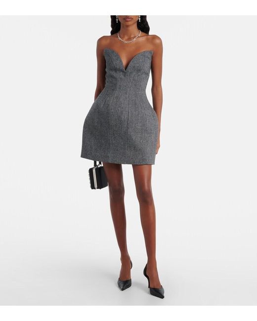 Self-Portrait Black Herringbone Wool-Blend Bustier Dress
