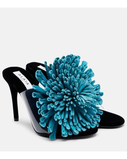 Alaïa Blue Dahlia 90 Floral-Applique Leather And Pu Mules