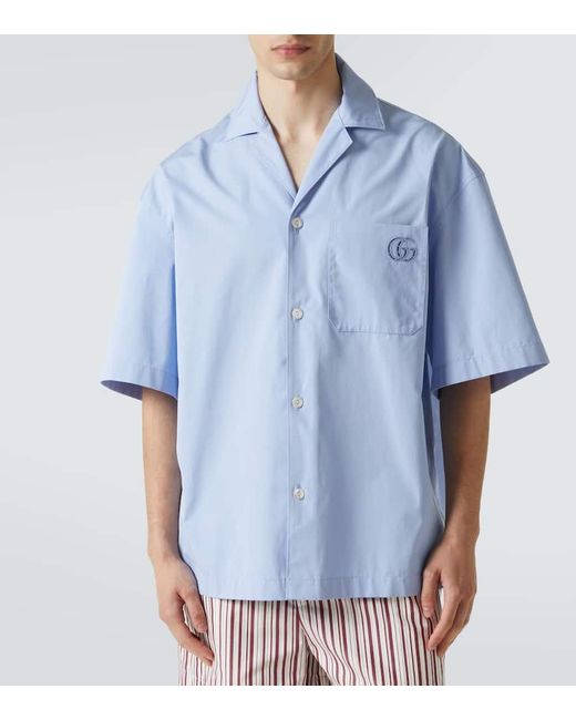 Gucci Blue Double G Cotton Poplin Bowling Shirt for men