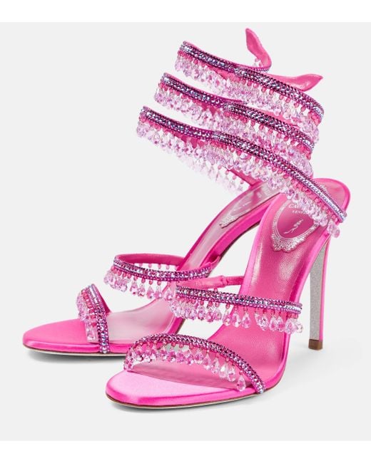 Rene Caovilla Pink Chandelier Embellished Satin Sandals