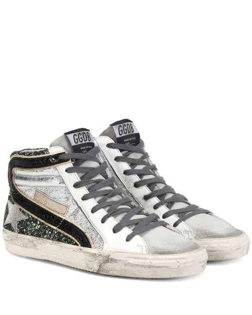 Slide sneakers in silver laminated cheap leather and glitter