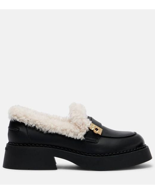 Ferragamo Black Caminia Shearling-Trimmed Leather Loafers