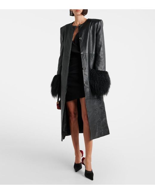 Magda Butrym Black Shearling-Trimmed Leather Coat