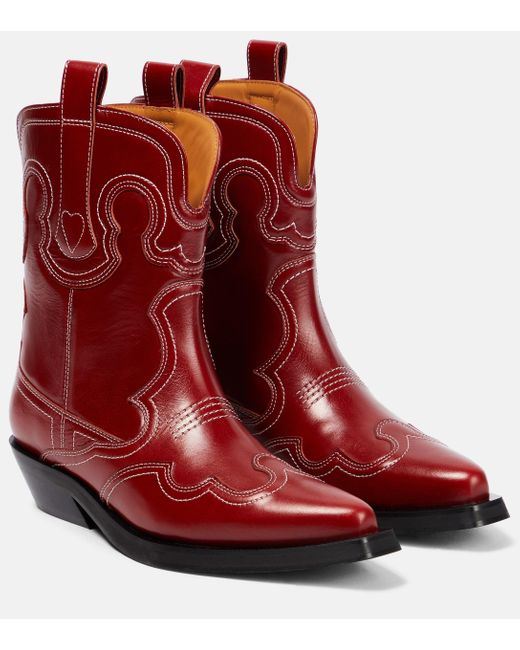 Ganni Embroidered Leather Cowboy Boots