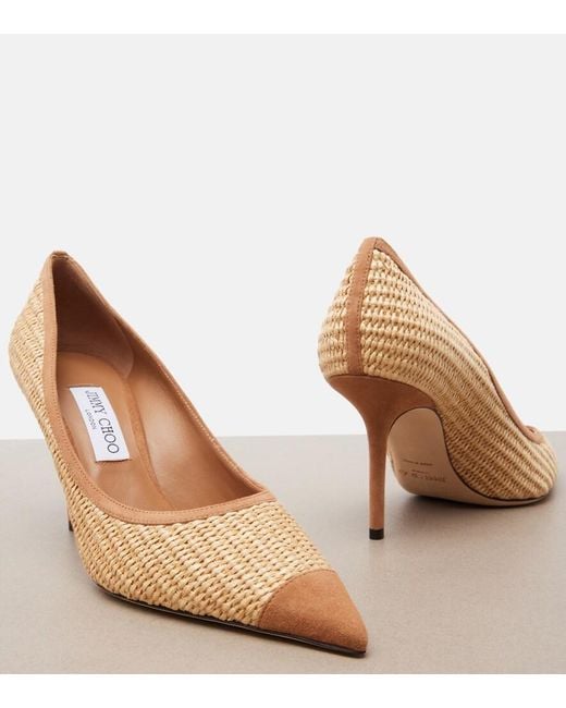 Jimmy Choo Brown Love Suede-Trimmed Raffia Pumps