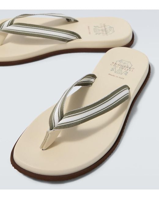 Brunello Cucinelli White Leather-Trimmed Thong Sandals for men