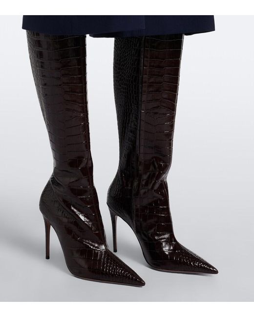Paris Texas Black Vera Croc-Effect Leather Knee-High Boots