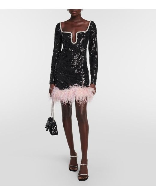 Self-Portrait Black Feather-Trimmed Sequined Minidress