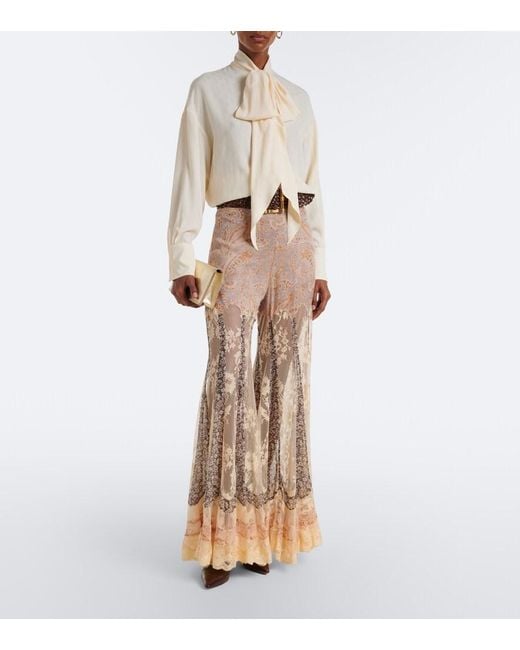Zimmermann Natural Valiant Paneled Silk And Lace Wide-Leg Pants