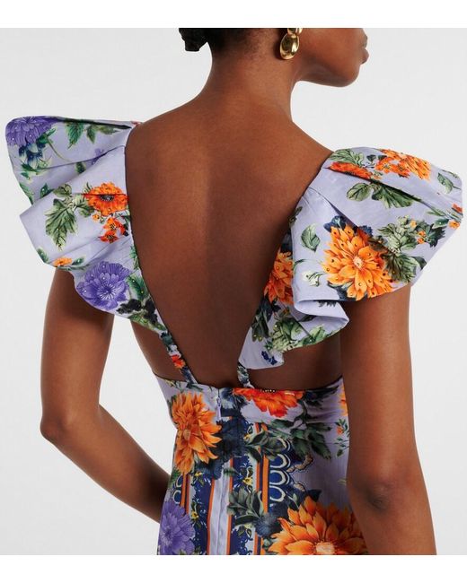 Camilla Blue Printed Linen And Silk Maxi Dress