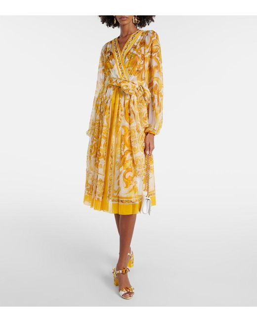 Dolce & Gabbana Metallic Majolica Silk Chiffon Midi Dress