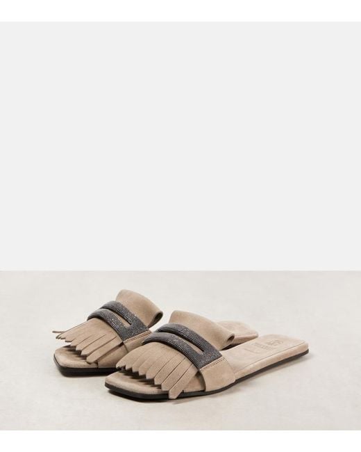 Brunello Cucinelli Natural Fringed Suede Slippers