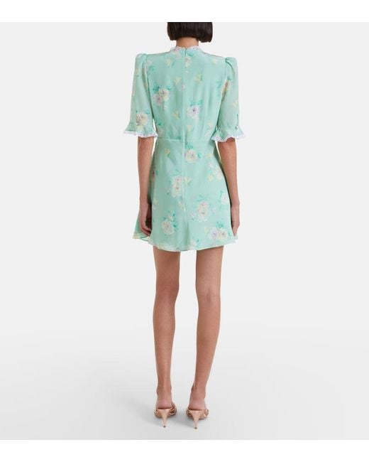 Alessandra Rich Green Lace-Trimmed Floral Silk Minidress
