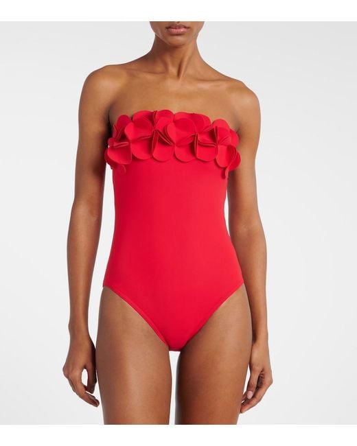Karla Colletto Red Tess Floral-Applique Bandeau Swimsuit