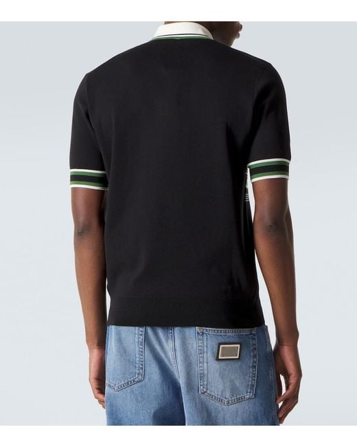 Dolce & Gabbana Black Embroidered Striped Silk And Cotton Polo Shirt for men