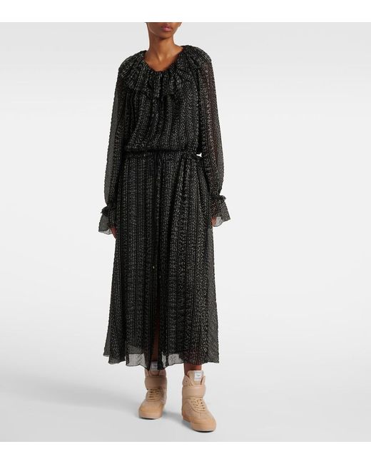 Chloé Black Ruffled Gathered Silk-Blend Gown