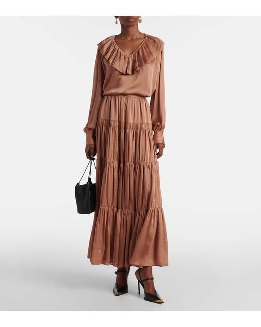 Ulla Johnson Orange Liese Pleated Silk Satin Blouse