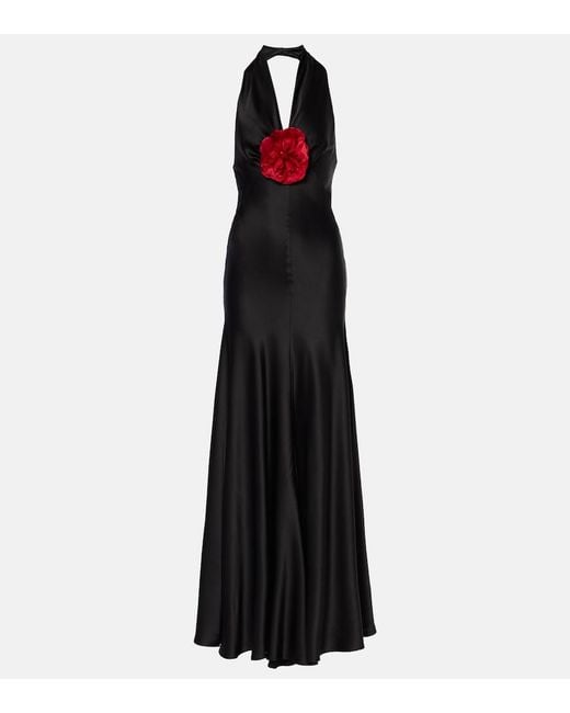 Rodarte Black Floral-Applique Silk Satin Maxi Dress