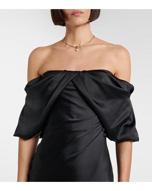 McQueen Black Draped Off-Shoulder Satin Midi Dress
