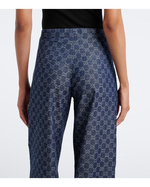 Gucci Blue Gg Jacquard Wide-Leg Jeans