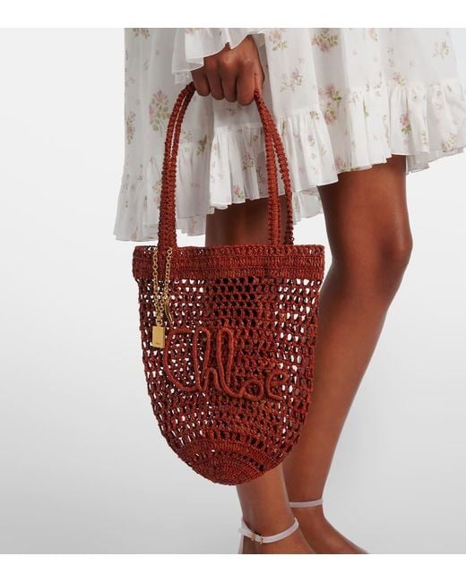 Chloé Red Summer Banana Small Raffia Tote Bag