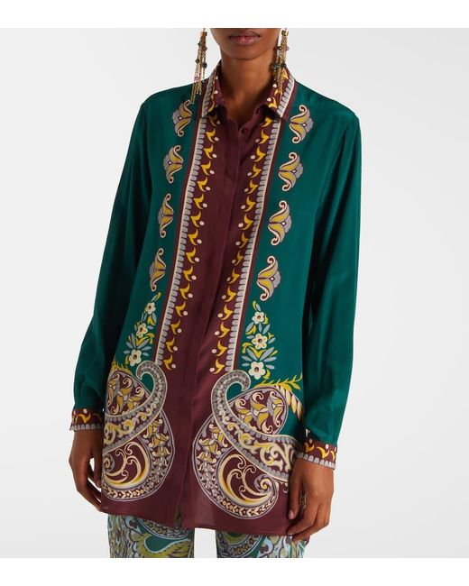 Etro Green Bedrucktes Oversize-Hemd Aus Seide