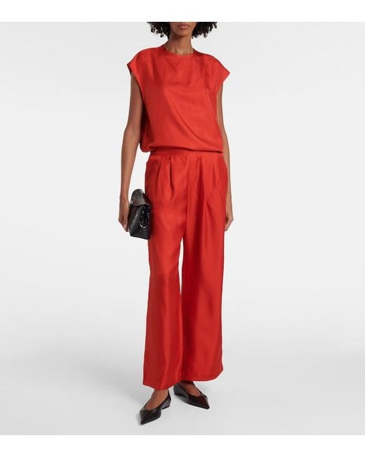 Asceno Red Isola Silk Twill Wide-Leg Pants