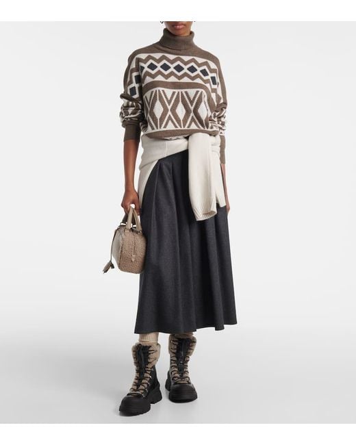 Brunello Cucinelli Black Schnuerstiefel Aus Leder Mit Shearling