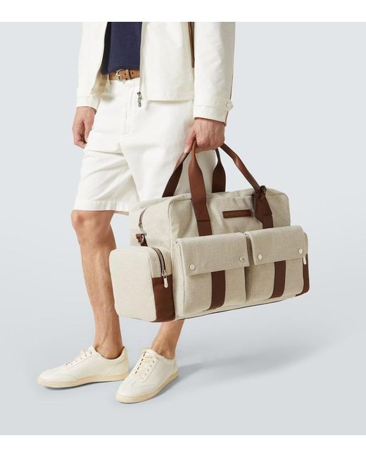 Brunello Cucinelli Brown Leather-Trimmed Canvas Duffel Bag for men