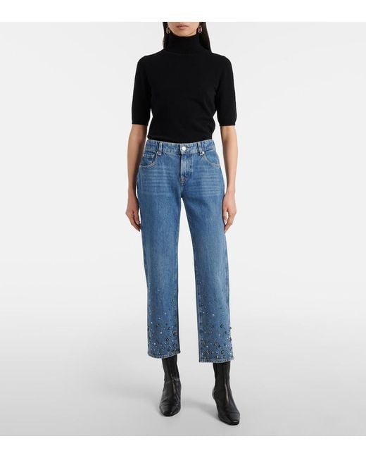 7 For All Mankind Blue Calie Embellished Cropped Straight Jeans