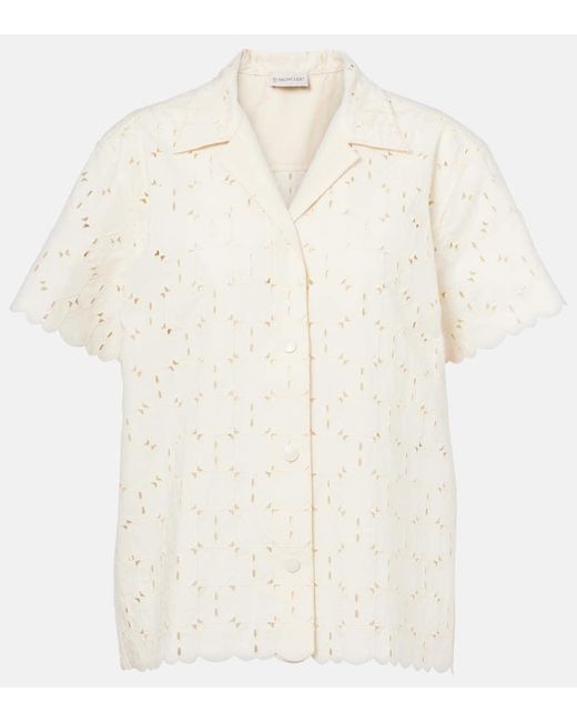Moncler White Broderie Anglaise Cotton-Blend Bowling Shirt