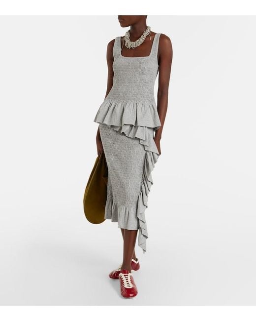 Dries Van Noten Gray Ruffled Smocked Cotton Midi Skirt