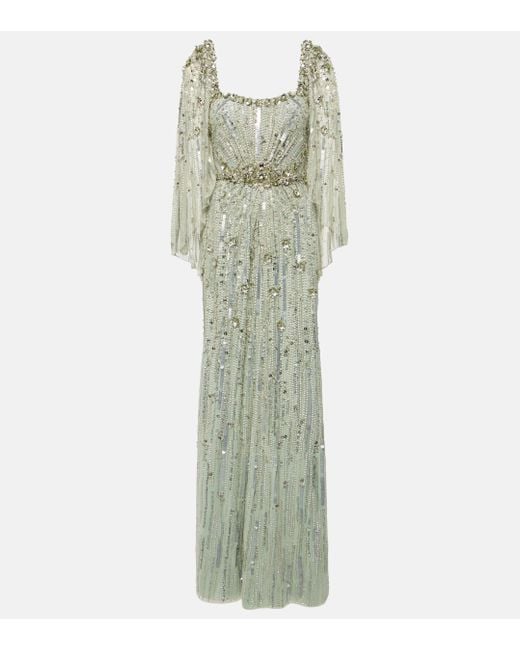Jenny Packham Green Bright Star Embellished Tulle Gown