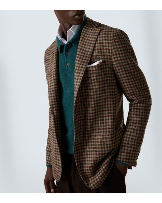 Kiton Brown Checked Wool, Silk, And Linen Blazer for men